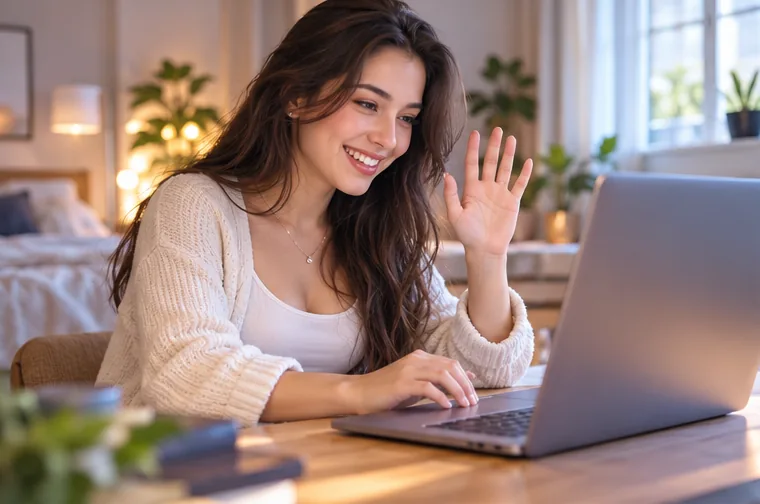 A woman starting a free random video chat in one click on MyCamy