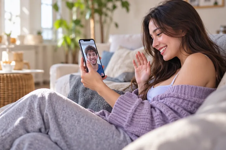 A woman video chatting with strangers anytime on her phone with MyCamy